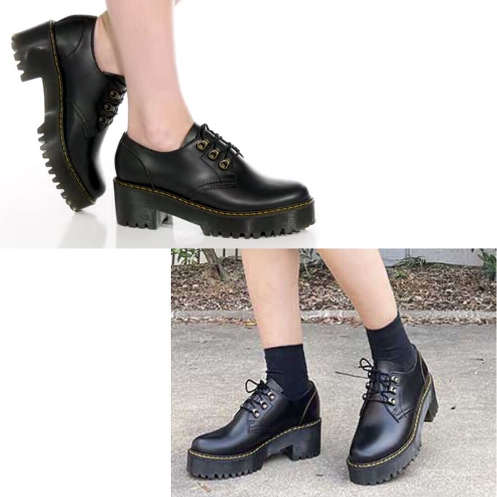 Dr. Martens Leona Lo Size 8 Smooth Leather Lug Sole Heeled Derby Shoe, Black - Picture 2 of 15